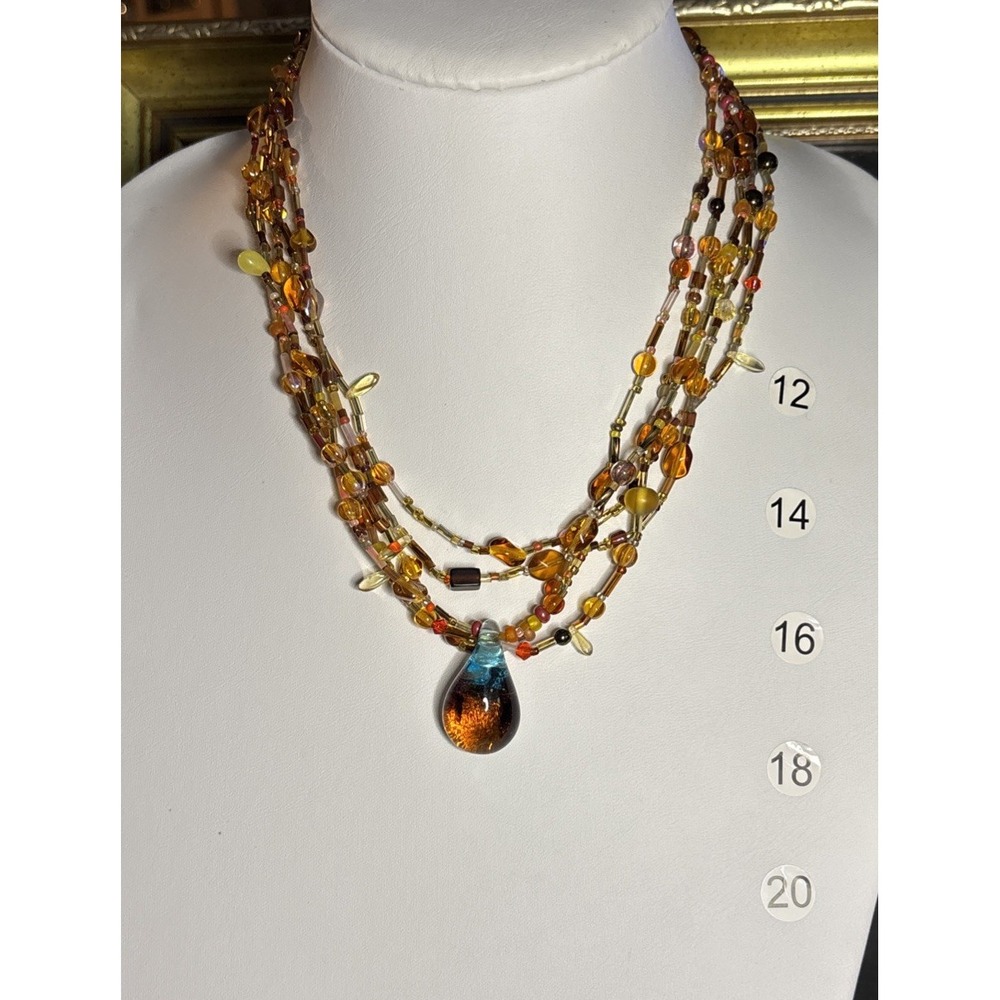 Multistrand Amber Glass Bead Dichroic Art Glass Pendant Necklace